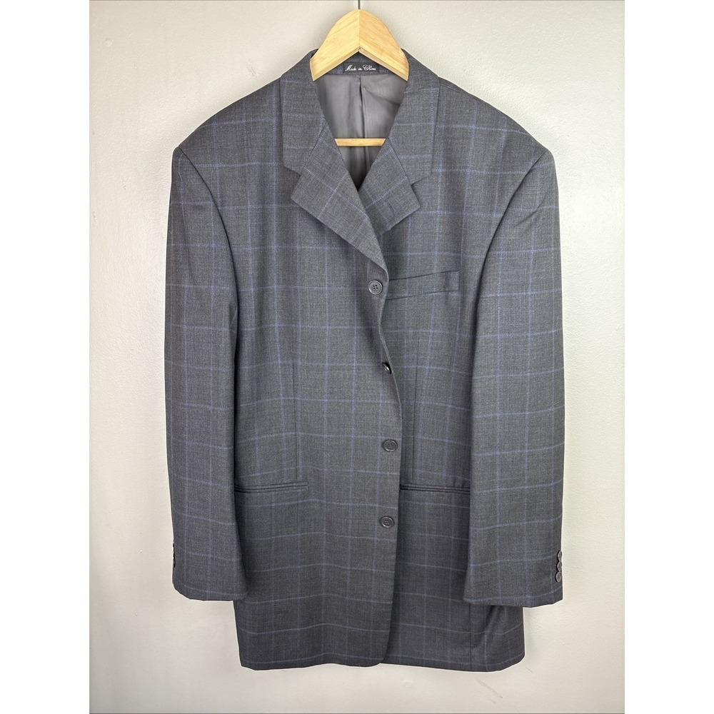 Lazetti Couture 44R 4 Button Blazer Gray Blue Windowpane Super 120s